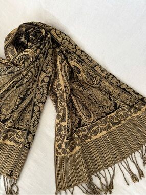 Authentic Egyptian Textile Wrap Black Gold Paisley Fringe Shawl Pashmina